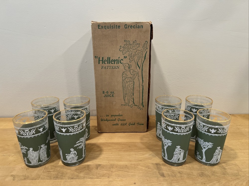 Wedgwood Jasperware Jeanette Green Hellenic Drinking 6 oz Juice Glasses Set of 8