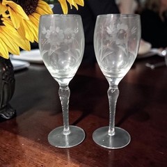 Lenox Style Sunflower Etched Crystal Goblets, Set of 2, Vintage Twisted Stem