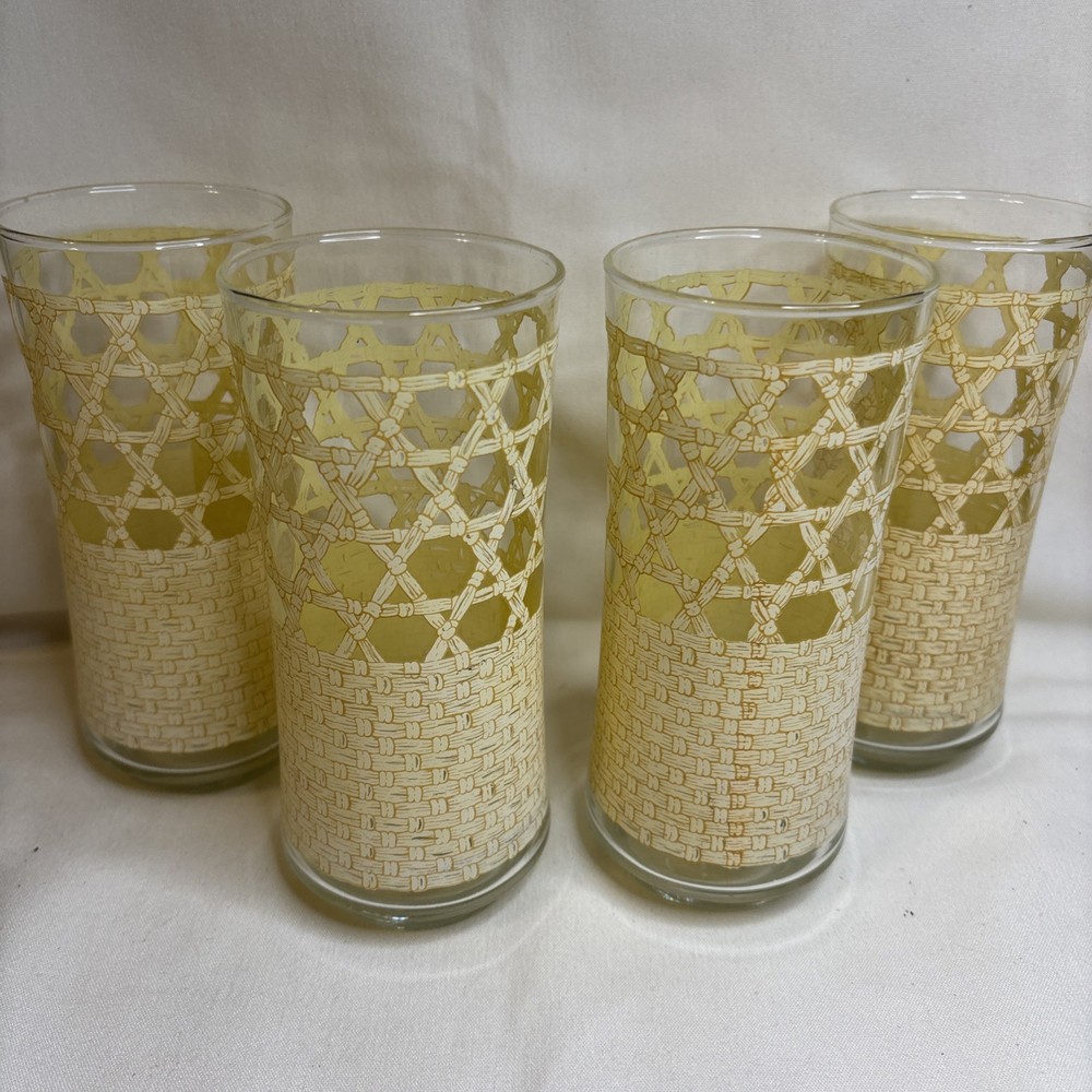 Set of 4 Libbey Rattan Cane Woven Bamboo 4.75” Tumblers Glasses Boho 60s 70s