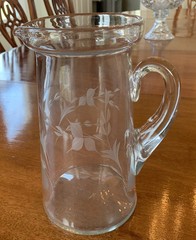 Set of 5 Vintage Floral Etched Glass Handled Glasses 5 1/2″, and Pitcher 9”
