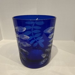 VTG COBALT BLUE Cut to Clear Etched Leaf Bohemian Czech 4.25” Tumbler Glass