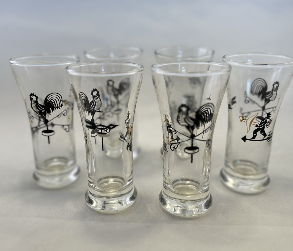 Set of 6 Libbey Weathervane Glass Rooster Liquor Cocktail Glass 4 1/2 inch