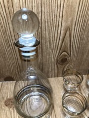 Vintage clear glass 24k gold trim Decanter ￼ and cordial set. 1950s Russia ￼