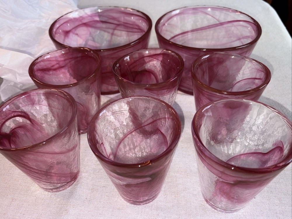 8 Kosta Boda Pink Swirl Mine Tumblers Ulrica Hydman-Vallien UHV Art Glass Sweden