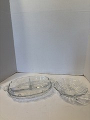 FOSTORIA 3 PART RELISH DISH & 3 TOED ROUND DISH SHIRLEY PATTERN