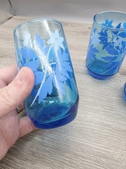Set Of 3 Libbey Blue Floral Daisy Glasses 5” MCM Great Condition Flower Vintage