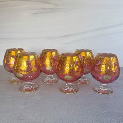 Vintage Italian Pink Glass Brandy Snifters Set of 6 Gold Gilt Made in Italy