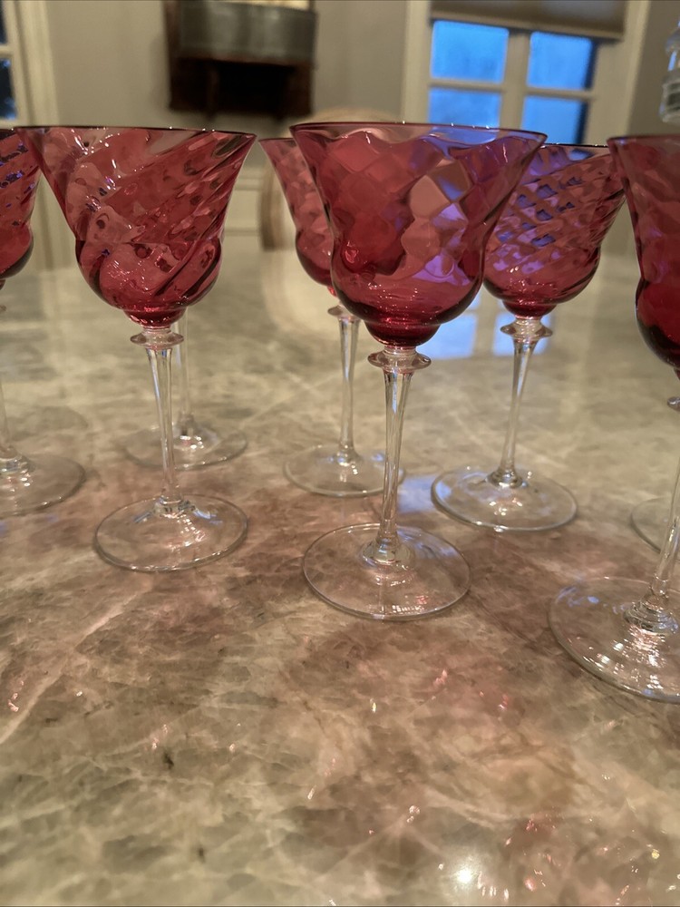8 Handblown rose pink cranberry Glasses optic swirl 6” Cordial