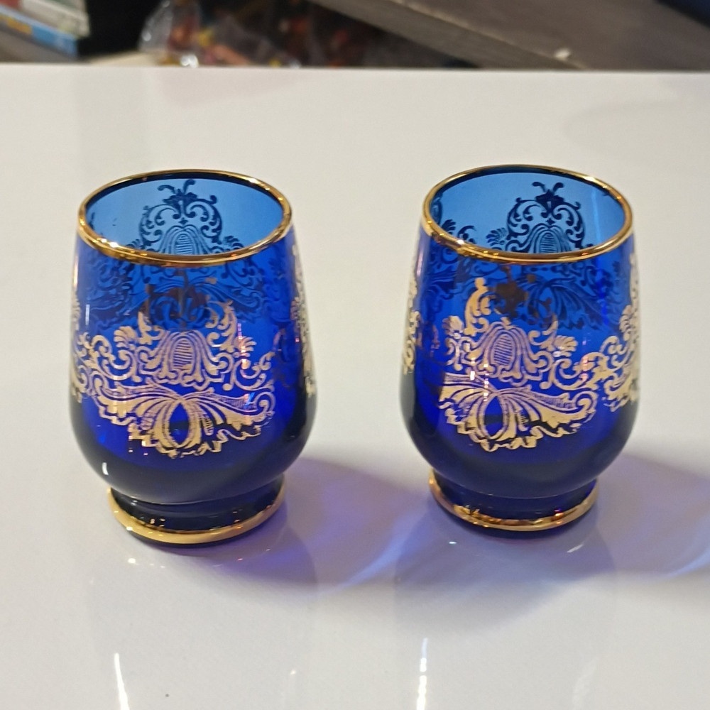 2-Piece Blue & Gold Decorated Round Glass Tumbler Glasses Set