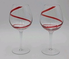 Set Of 2 Pier 1 Swirline Ruby Red Hand-Blown Balloon Stemmed Wine Glasses