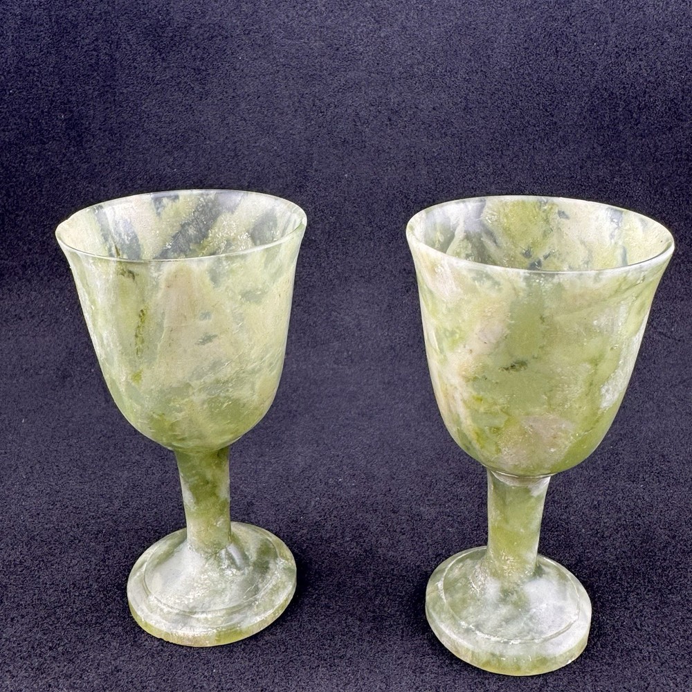 Vtg Green Onyx Marble Wine Goblets Cordial Cups Earthy Vibrance Hand Carved 3.5”