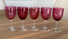 Antique Victorian Cranberry & Clear 5” Wine Glasses – Slight Glow – Set of 5