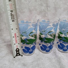 VTG MCM blue flowers 5″ glass set of 4 peanut butter glasses morning glory