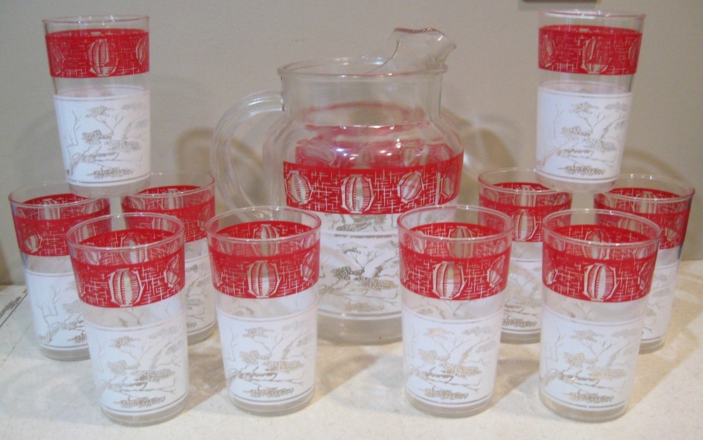 MCM Vintage ANCHOR HOCKING Glass RED & WHITE PITCHER & 10 GLASSES Retro Set MINT