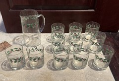 Holiday Double On Rocks Holly Berry Christmas Glass Set of 11 + 1 Pitcher