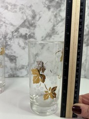 6 Vintage Golden Foliage Grapevine Gold Leaf Highball Glasses Frosted MCM 1960s