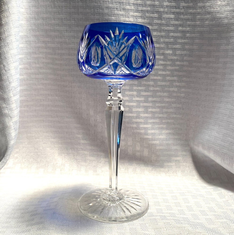 BOHEMIAN WINE GLASS COBALT BLUE CUT TO CLEAR CRYSTAL TEAR DROP STEM BOHEMIA