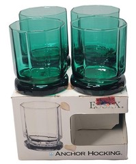 Anchor Hocking Essex Teal Green Aqua Rocks Old Fashioned Glasses Set of 4 NOS