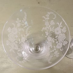 Set of 2 Clear Etched Floral Glass Footed Dessert Bowls Compote 4 in