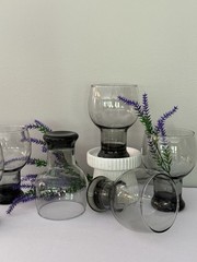 6 Vintage Federal Glass SUNDOWN Smoke Gray Pedestal Goblets, Retro Barware 1960s