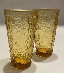 2 Vintage MCM Anchor Hocking Honey Amber Crinkle Tumblers Drinking Glasses 5.5”