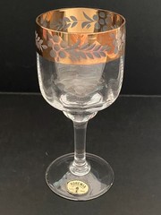 Vintage Bohemia Glass Gold Wine Goblet Czechoslovakia Floral Etched Stemware