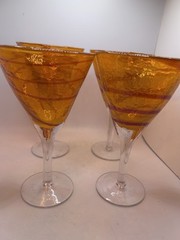 Orange Peel Textured Cocktail Glasses In Tangerine Color With Raspberry Swirl. S