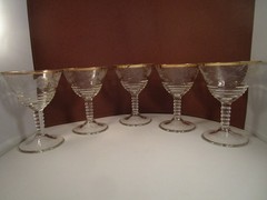 Vintage Clear Glass Gold Band Etched Flower Set of 5 Champagne Glasses