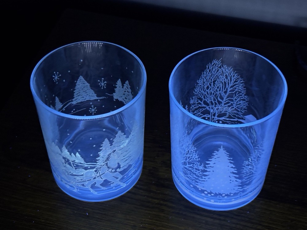 Beautiful Cerium Frosted Glasses Set Of 2 Glows Blue Vintage