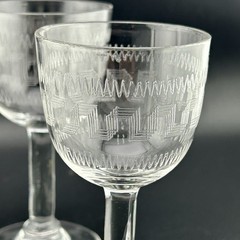 Antique Greek Key Etched Wine Sherry Cordials Set 4 c1900 EAPG 4⅛» Edwardian