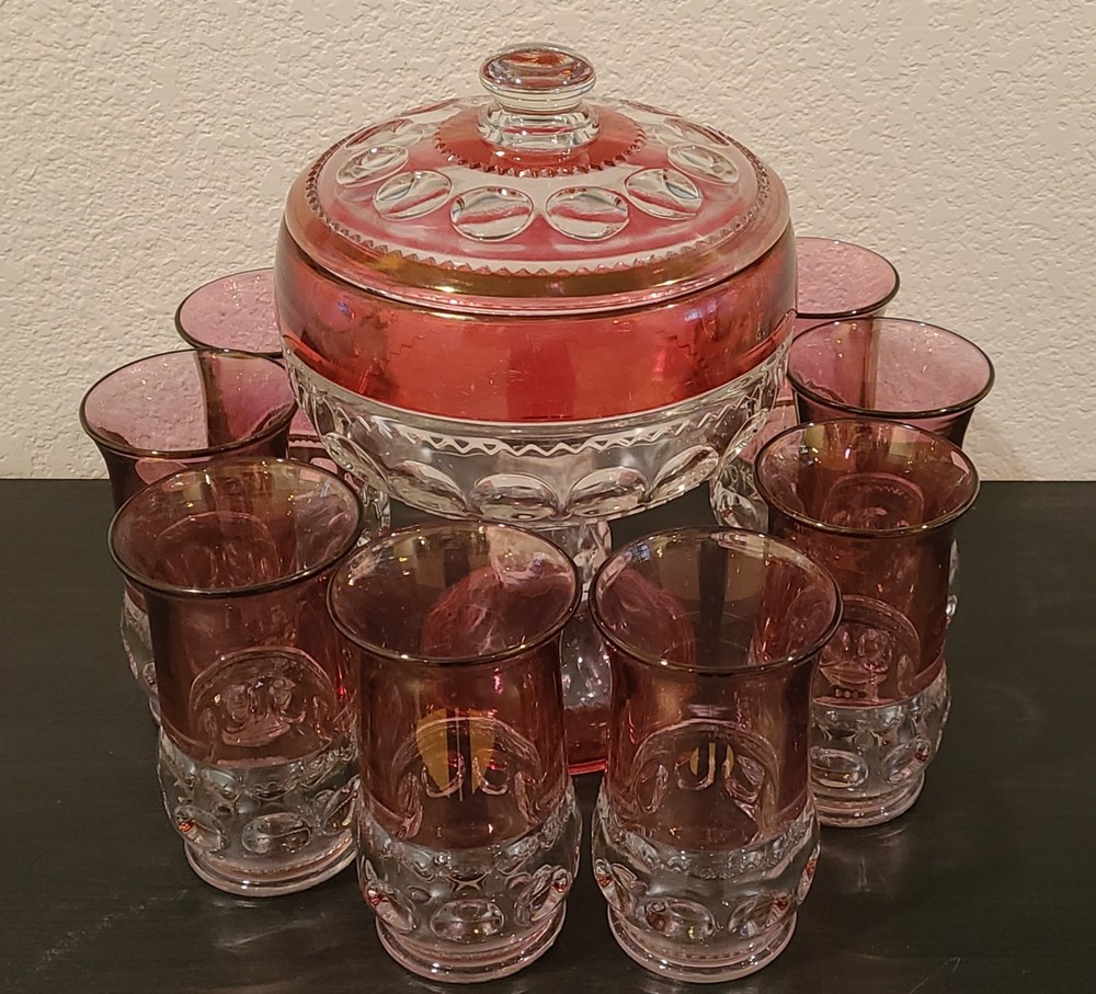 Vintage Tiffin Franciscan Kings Crown Cranberry Thumbprint Bowl Lid & Tumblers