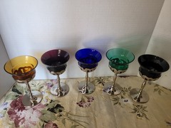 VINTAGE Art Deco Krome Kraft Farber Bros Rainbow Colored Bar Glasses -Cordials