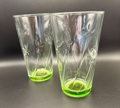 Pair Of Anchor Hocking Tumblers Green Glass With Flower Imprint