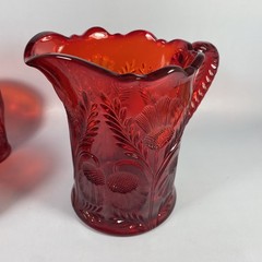 Vintage Mosser Glass Ruby Red Inverted Thistle 5-Piece Set Pitcher & 4 Tumblers