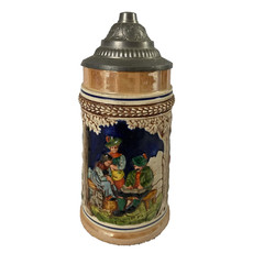 Vintage German Beer Stein Ceramic Pewter Lid Hand Painted Tavern Scene 7″