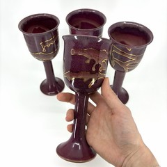 Studio Art Pottery Goblet Gold Maroon Glaze Wine Chalice Stoneware Signed
