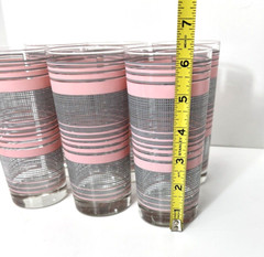 Vintage Set of 6 Culver Glasses Pink Stripe Gray Grid Tumblers Goes w/ Corelle