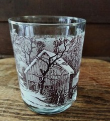 Currier and Ives Brown Double Old Fashioned Glass The Old Homestead in Winter