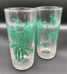 Vintage Tiki Bar Glasses, Green Bamboo Print, Summer, Cocktails, Measuring Marks