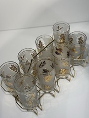 Mid Century Highball Glasses Libbey Frosted W 22 Karat Gold Leaf, Set Of 8