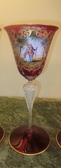 3 MURANO CRANBERRY HAND PAINTED BLOWN GLASS VENETIAN 24k GOLD LEAF STEM GOBLETS