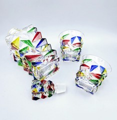 Murano-Style Colorful Faceted Geometric Glass Decanter and Lowball Set