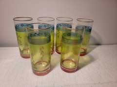 Vtg MCM Tall glasses Tumblers set Of 6 Tri-tone gold rims barware Green Blue Red