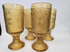 Vintage Brockway American Concord Amber Glass Water Goblets Set 4 Starburst 1970