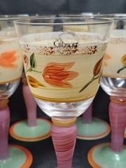 Vintage Gibson Hand Crafted Painted Floral Wine Goblets – Pink & Green Art Glass