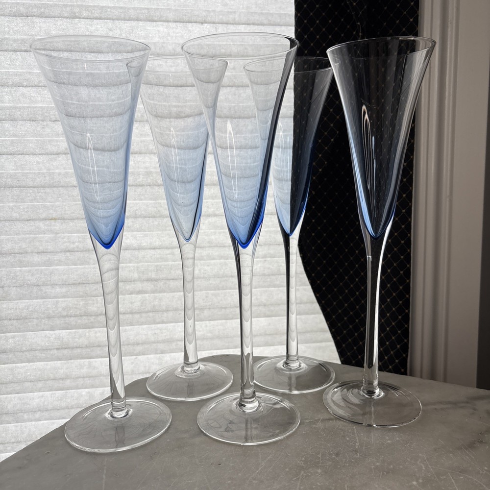 Set Of 5 10″ Sapphire Blue Art Glass Flutes- Modern Bullet Base Stemware