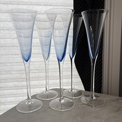 Set Of 5 10″ Sapphire Blue Art Glass Flutes- Modern Bullet Base Stemware