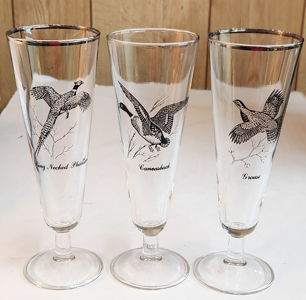 3 Vtg Federal Glass Sportsman GameBirds Pilsner Flute Pheasant Grouse Canvasback