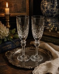 Rogaska Gallia Crystal Champagne Flutes Set of 2 Slovenia 7.25” Elegant