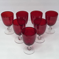 Set Of 7 Bryce Aquarius Ruby Red 5-3/4″ Crystal Water Goblets With Diamond Stem